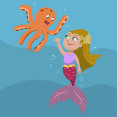 Vector de sirena con pulpo, hermosa sirena animada, vector animado de sirena y pulpo, ilustración infantil, tarjeta infantil 
