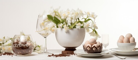 Fototapeta na wymiar Stylish Easter image with chocolates, candles, and flowers on a white backdrop.
