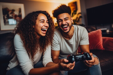 Beautiful young african american couple playing video games together and having fun.