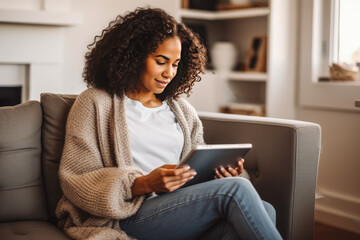 Beautiful young african american woman sitting on couch and using a electronic tablet for entertainment