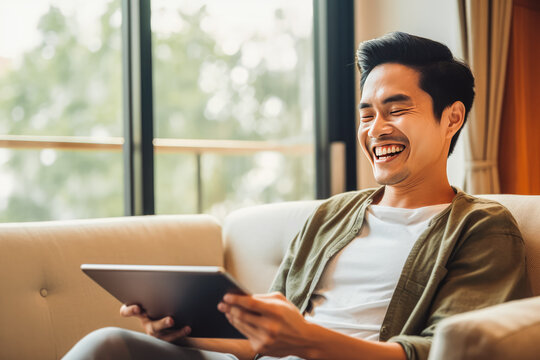 Handsome young asian man sitting on couch and using a electronic tablet for entertainment