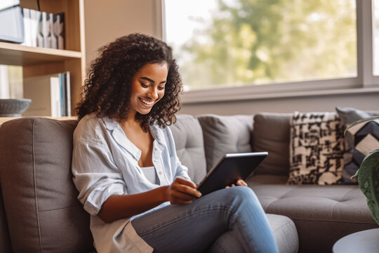 Beautiful young african american woman sitting on couch and using a electronic tablet for entertainment - Powered by Adobe