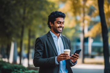 Handsome young indian man standing outside in city park with a coffee and mobile phone in his hand and smiling - obrazy, fototapety, plakaty