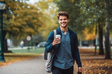 Handsome young caucasian man standing outside in city park with a coffee in his hand and smiling
