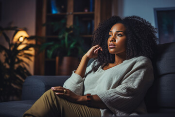 Obraz premium Sad african american woman sitting on sofa and being bored while watching television