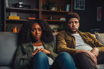 Sad african american couple sitting on sofa and being bored while watching television
