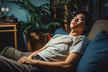 Fototapeta premium Tired handsome asian man sleeping peacefully on sofa, good afternoon nap