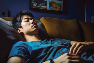 Obraz premium Tired handsome asian man sleeping peacefully on sofa, good afternoon nap