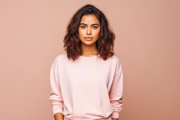 Fototapeta premium Portrait of beautiful hispanic female with a serious look on her face, wearing casual clothes, on a beige colored background