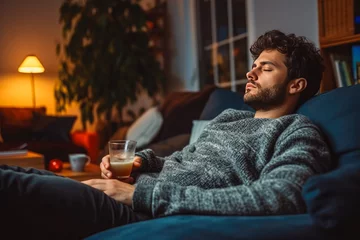 Fotobehang Tired handsome caucasian man sleeping peacefully on sofa, good afternoon nap © VisualProduction