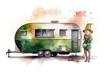 Obraz premium Illustration of a leprechaun with his green travel trailer
