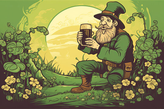 Illustration of a leprechaun in a clover patch