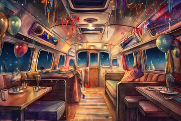 Colorful interior of a camper van has been decorated for the holidays
