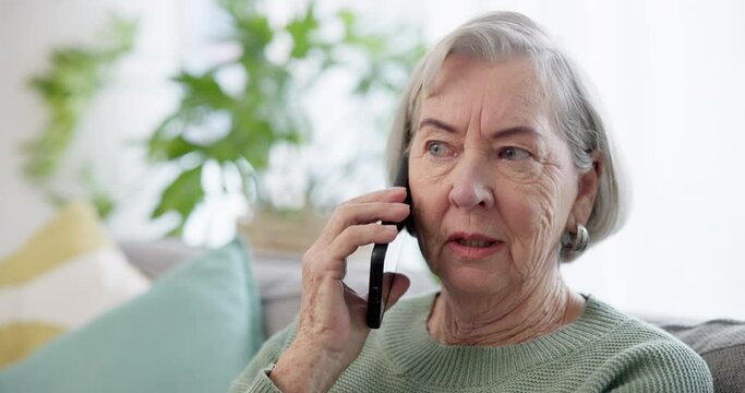 Phone call, smile and senior woman on sofa in the living room for discussion, gossip or communication. Technology, relax and elderly female person in retirement on mobile conversation with cellphone.
