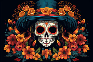 La Catrina dia de muertos bemalter Schädel mit Maske / Make-up. Dekoriert mit Blumen. Tag der Toten in Mexico. Querformat. Generative Ai.