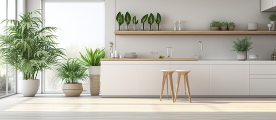 Fototapeta na wymiar Minimalist kitchen with an eco-friendly vibe and a blurring background, showcasing an open cabinet filled with bamboo hydroponic vases and accessories, along with an island, table, stools, and a