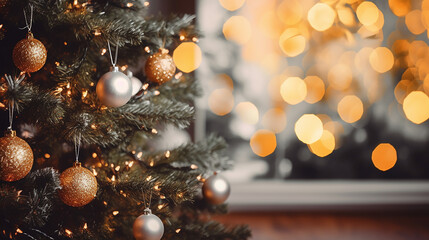 Christmas tree with golden ornaments and bokeh lights background