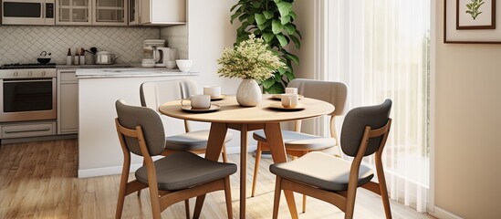 Compact eat-in kitchen dining area with a tiny four-seat table and cushioned chairs.