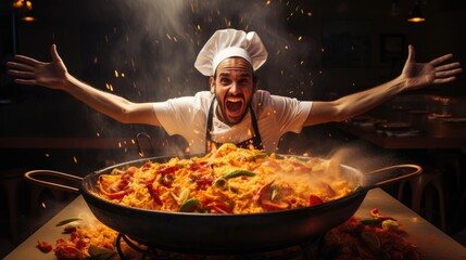 Mediterranean cuisine chef cooking paella in a giant pan generative ai