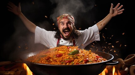 Mediterranean cuisine chef cooking paella in a giant pan generative ai - obrazy, fototapety, plakaty
