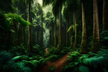 A lush tropical forest with tall trees and palm trees