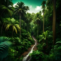 A lush tropical forest with tall trees and palm trees