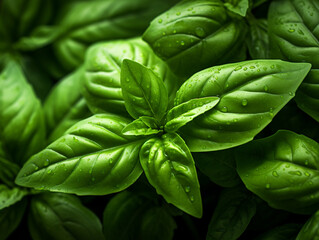 Macro Close-Up of Fresh Basil Leaves