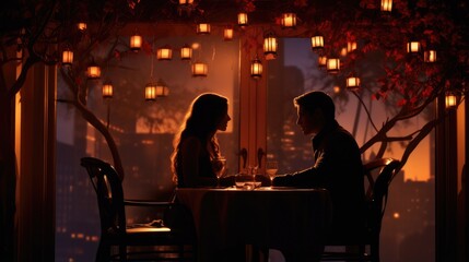 couple enjoying a romantic dinner at a candlelit table in a restaurant generative ai