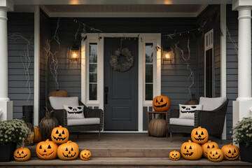 Halloween carved Jack O Lantern on a porch in Autumn