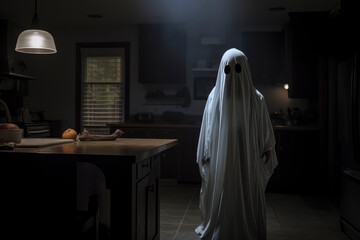 Spooky ghost figure standing in a scary dark home