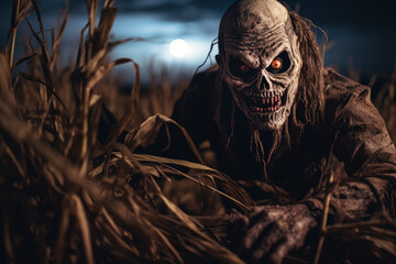 Zombie skeleton in a scary field on Halloween