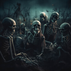 Skeleton zombies in the night coming up from the ground