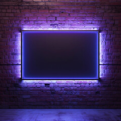 Purple neon light frame on brick wall background