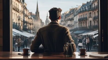 solo traveler savoring a meal at a cafe overlooking a bustling street generative ai