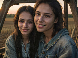 Portrait of two girls smiling in field at sunset, agriculture