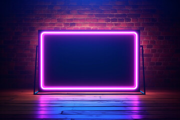 Empty stage with neon lights and wood floor background