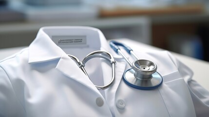 close up photograph of a stethoscope draped over a white lab coat Generative AI - obrazy, fototapety, plakaty