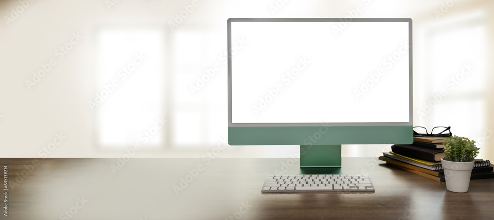 Poster laptop with blank screen on table. room with decorations and copy space computer with blank copy spa