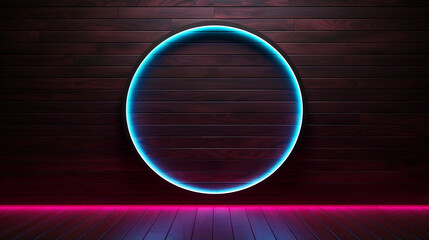 Empty stage with circle neon lights and wood floor background