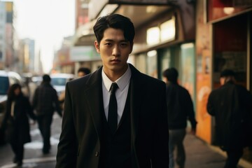 Candid Street Portrait of a Fictional Korean Businessman Wearing an Elegant Stylish Black Suit. Generative AI.