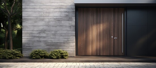 Contemporary, solid steel front door with a wooden appearance.