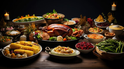Generative AI, traditional Thanksgiving dinner, corn, turkey, vegetables, autumn harvest, appetizing tasty dishes on a set table, mashed potatoes, holiday