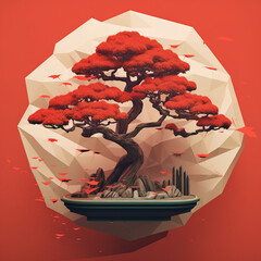 Red bonsai tree on origami art background in a circle, in the style of vintage poster design, wall painting, dark beige and red. Japanese inspiration, serene and Zen-like atmosphere minimalist 
