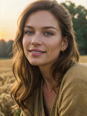 Portrait of woman smiling in field at sunset, agriculture