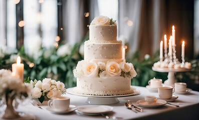 wedding cake with candles and flowers
