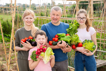Parents with children hold ripe vegetables in their hands on farm field