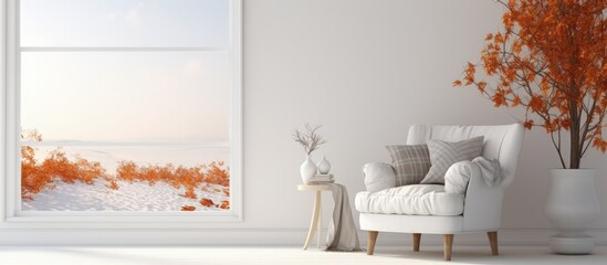 Nordic interior design with armchair in a white room, featuring autumn scenery in window. visualization.