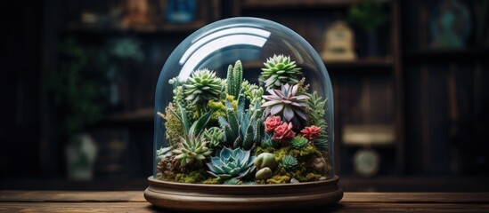Succulent-filled florarium placed on wooden surface.