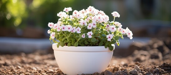 Selective focus on yard gravel decoration with white flower pot.
