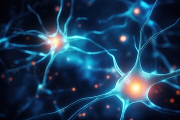 Conceptual illustration of neuron cells with glowing link knots in abstract dark space, high resolution 3D illustration